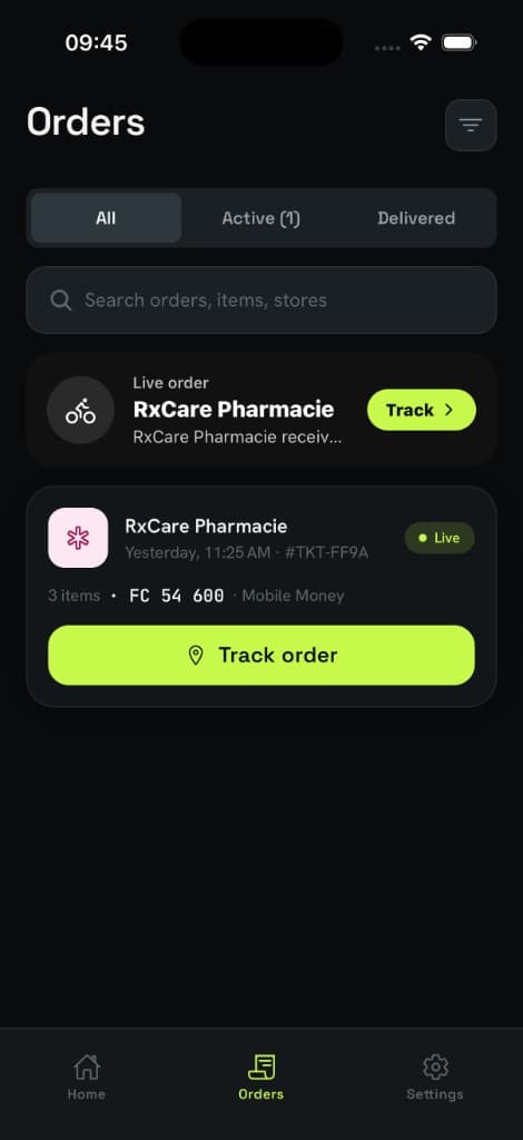 TikkoTac app on iPhone — home, orders, and onboarding screens — Orders