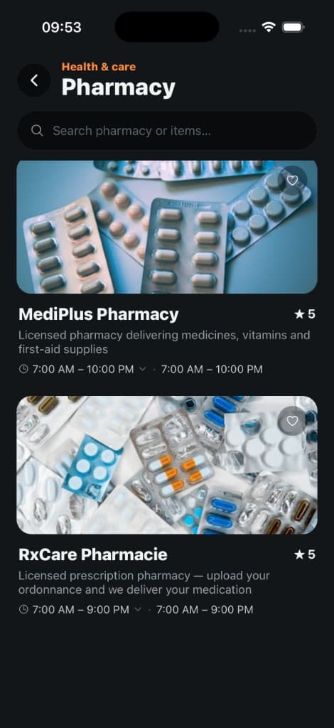 TikkoTac app on iPhone — home, orders, and onboarding screens — Pharmacy